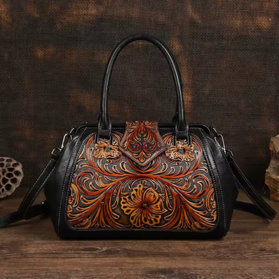 Yasmine™ – Sac à main en cuir avec gravure et motif floral